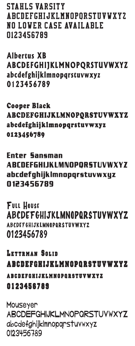 Stock Vinyl print font selection for heat pressing gane sports names and numbers.  vinyl applique your name and number on your custon sports t sweatshirt and more.